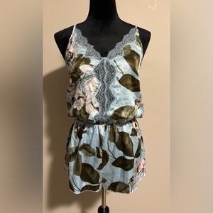 EUC Victoria’s Secret Blue and Green Floral Lacy Open Back Romper size small